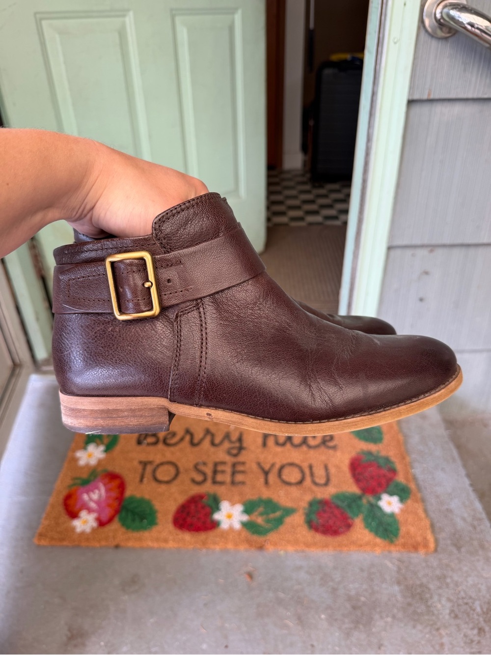 Franco Sarto Dark Brown Leather Ankle Booties with Gold Buckle